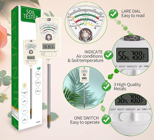 Soil Moisture Meter, 7-in-1 Soil Test Kit with Moisture/pH/Temperature/Sunlight/Air Humidity/Fertility, Soil Tester for Farming, Plants Gardening, Lawn, Gardening and Outdoor Plants
