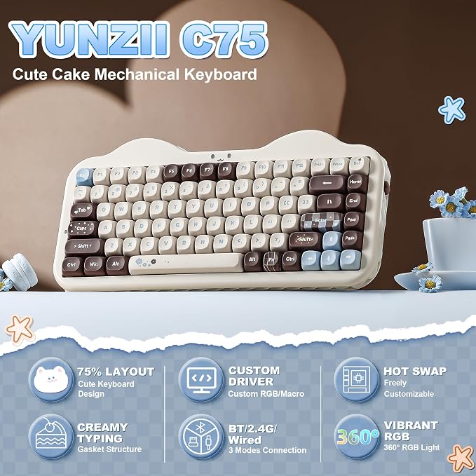 YUNZII C75 Wireless Mechanical Keyboard,75% Layout, Hot-Swappable NKRO,BT5.0/2.4G/USB-C Mode,Dye-Sub PBT MOA Keycaps,RGB Gasket Mount,Cute Cake Design for Mac/Win/Gaming (Choco, Candy Switch)