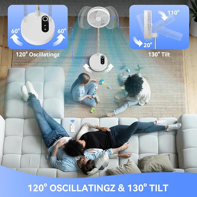 9.5" Portable Standing Oscillating Fan with Remote - 10000mAh Rechargeable Battery Tall Floor Foldable Travel Fan for Sleeping - Pedestal Stand up Folding Fan for Home Bedroom (White)