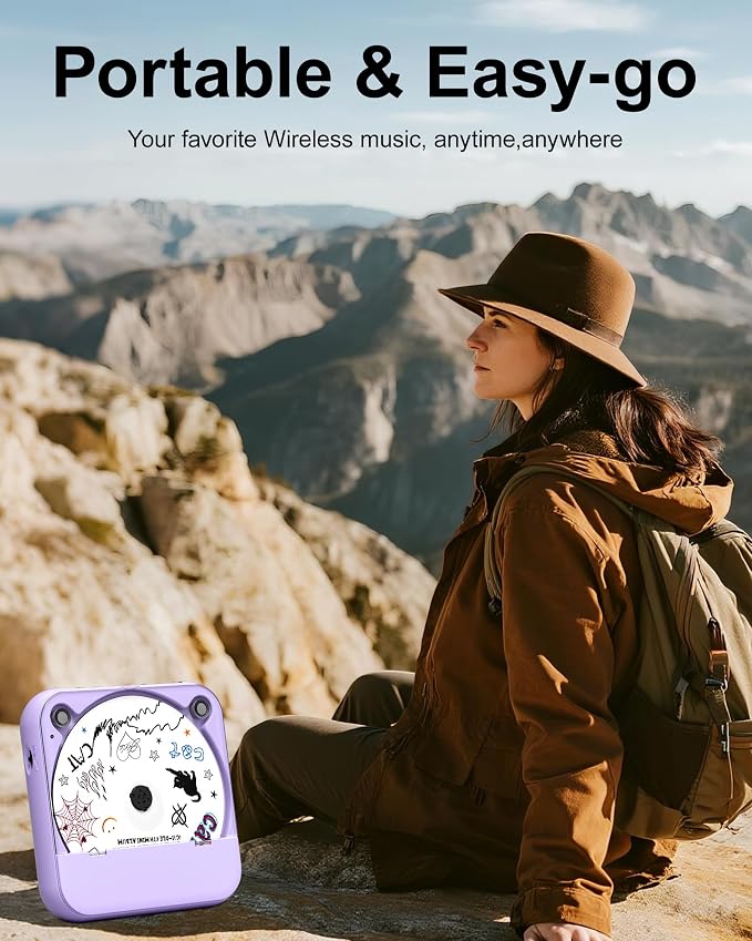 ENVYCLOUD CD Player Portable with Dual Stereo Speakers, Rechargeable Portable CD Player with Bluetooth for Home with Headphones, Support CD/AUX/USB, Purple