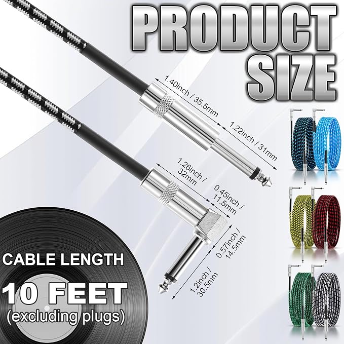 6 Pack 10ft Multicolored Guitar Cables, Durable Instrument Cords for Guitar, Bass, Keyboard – Quality Copper & PE Material, Flexible Design for Easy Performance Setup
