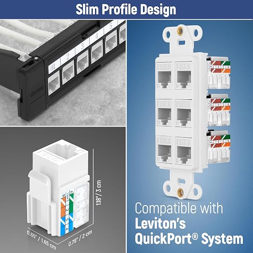 Everest 90° Angled RJ45 Cat6A Keystone Jacks 10-Pack in White - Slim Profile Female RJ45 Connectors - Cat 6A Keystone Jack - Compatible with 90° Angled Speed Termination Tool - easyJACK (B094WB91H3)