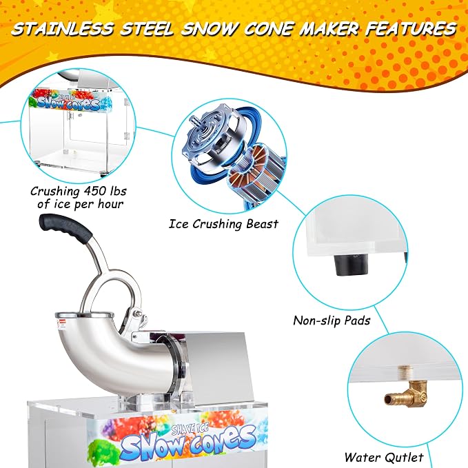 VNN 48L Snow Cone Machine, 500LB/H Commercial Shaved Ice Machine, 300W Electric Ice Shaver Machine, Suitable for Party Activities, Family Gatherings, Events