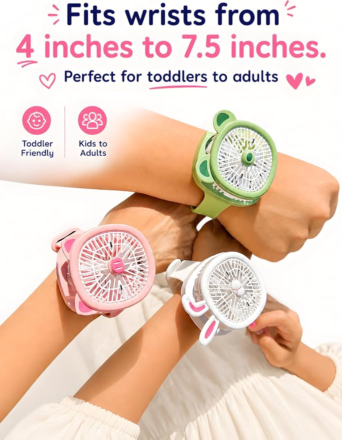 Personal Fan with Wrist Strap - Battery Operated, USB Rechargeable Fan Portable, LED Lights, 3 Adjustable Speed - Portable Fans for Kids Children Boys Girls Indoor Outdoor (Pink)