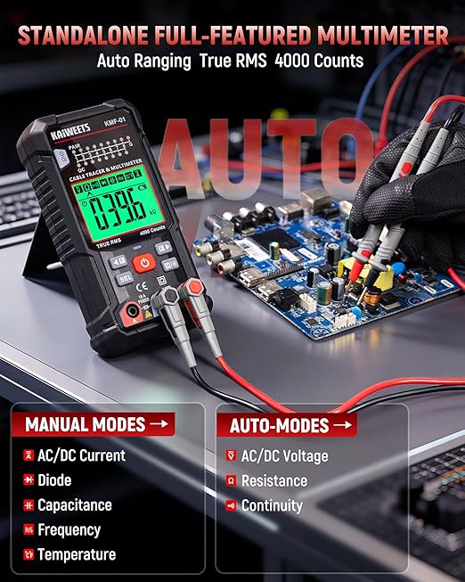 KAIWEETS 3-in-1 Multimeter & Cable Tracer Kit, Auto-Ranging Digital Multimeter with True RMS 4000 Counts, RJ45/RJ11 Wire Tracing & NCV Voltage Detector for Electricians, Home DIY & Auto Repair KMF-01