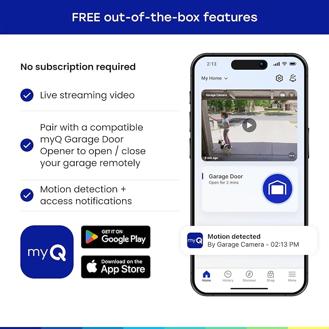 myQ Garage Plug-in Camera Gen 2 – 2K Smart Wi-Fi Garage Camera with Night Vision, Wide-Angle Lens, 2-Way Audio, Magnetic Base & Motion Alerts, App Control – Compatible with Your Garage Door Opener