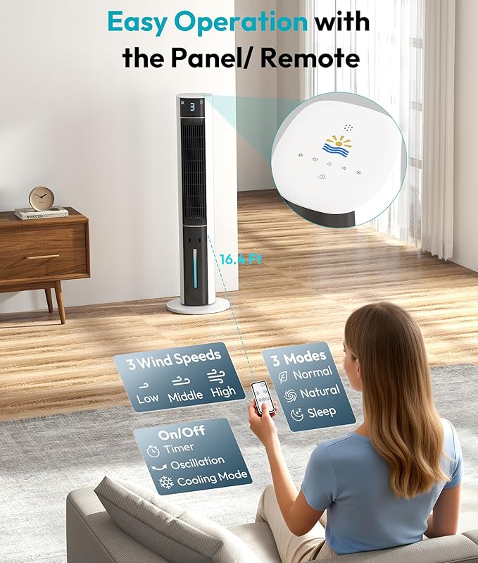 Rellytech Evaporative Air Cooler - Swamp Cooler with 3L Water Tank, 3 Modes & 3 Speeds, Remote Control, 12H Timer, 50° Oscillating Portable Bladeless Cooling Tower Fan For Room Bedroom Office