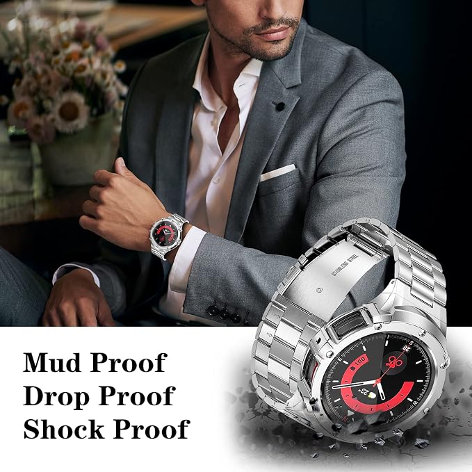 SUPLINK Stainless Steel Case and Bands Compatible Samsung Galaxy Watch 5 Pro Bands 45mm, Solid Metal Protective Rugged Case Adjustable Band for Samsung Watch 5 pro Men Business, Silver