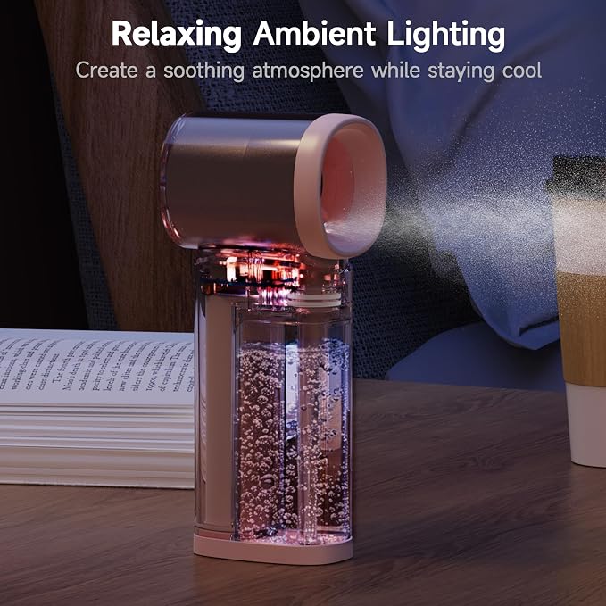 Handheld Misting Fan, Portable Personal Turbo Fan with Nano Mist Spray, 6 Wind Speed, 40ml Water Tank, LED Light, 3000mAh USB Rechargeable for Travel, Outdoors, Camping, Home and Office Use - Pink