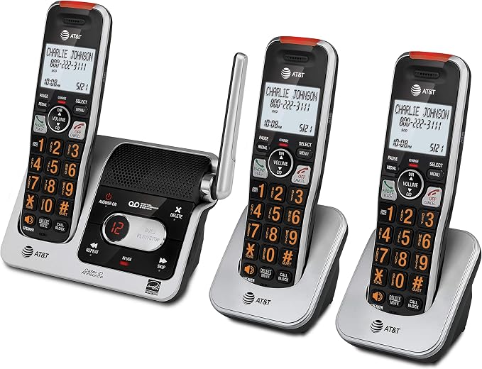 AT&T BL102-3 DECT 6.0 3-Handset Cordless Phone for Home with Answering Machine, Call Blocking, Caller ID Announcer, Audio Assist, Intercom, and Unsurpassed Range, Silver/Black