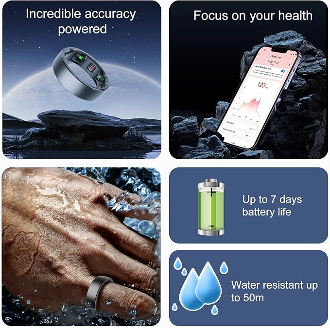 Smart Ring for Women Men,Fitness Tracker Ring with Sleep Monitor,Heart Rate,Blood Oxygen,Steps,Calories Tracker,IP68 Waterproof Smart Rings,5-7 Days Battery Life for iOS Android,No App Fee（Black,11）