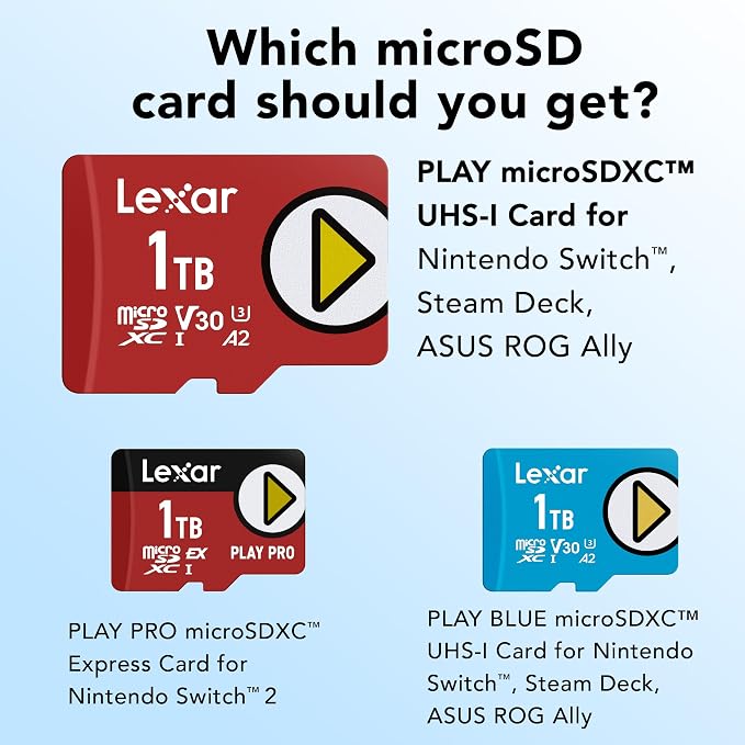 Lexar 1TB Play Micro SD Card, UHS-I, C10, U3, V30, A2, Full HD, 4K, Up to 205/140 MB/s microSDXC Memory Card, Expanded Storage for Nintendo-Switch 1, Gaming, Smartphones, Tablets (LMSPLAY001T-BNSNU)
