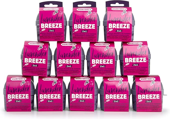 HUMYDRY Moisture Absorber Device, Mini Pack of 12 2.6oz, Up to 500 Days of Moisture and Humidity Control, Fights Summer Humidity, Lavender Air Freshener, Small Space Dehumidifier, Non Electric