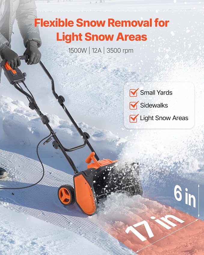 VEVOR Corded Electric Snow Shovel, 12A 17 inch Snow Shovel, 60° Adjustable Chute, 20 ft Throwing Distance, Snowthrower with Dual Safety Switch, Winter Ice Removal Tool for Driveway Sidewalk Patio
