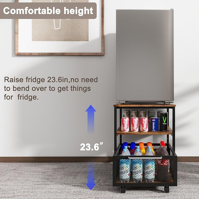 PUNCIA 19.7"x19.7" Mini Fridge Stand 3-Tier Storage Beverage Fridge Table | 220-lb Capacity Beverage Refrigerator Table, Heavy Duty Rolling Organizer with Drawers for Dorm Apartment Office Bedroom