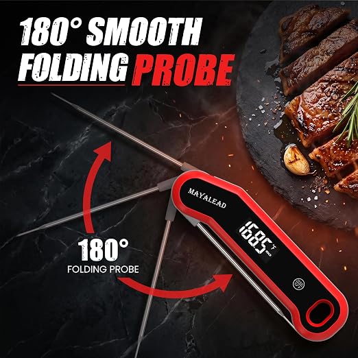 0.5 Sec Instant Read Meat Thermometer Digital Food Thermometer for Cooking Precise ±0.3℃, Magnet Store, Large Bright LED Display IP67 Waterproof BBQ Thermometer for Grill, Oven & Kitchen (Red)