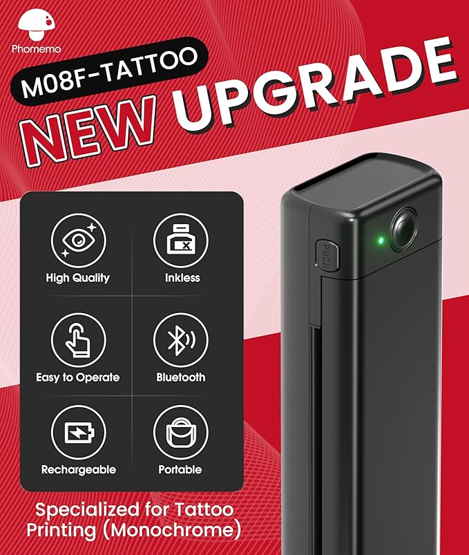 Phomemo Tattoo Stencil Printer, M08F Wireless Thermal Tattoo Printer with 10pcs Transfer Paper, Compatible with Phone/Tablet/PC, Tattoo Supplies for Tattoo Artists, AI Image Generation, All Black