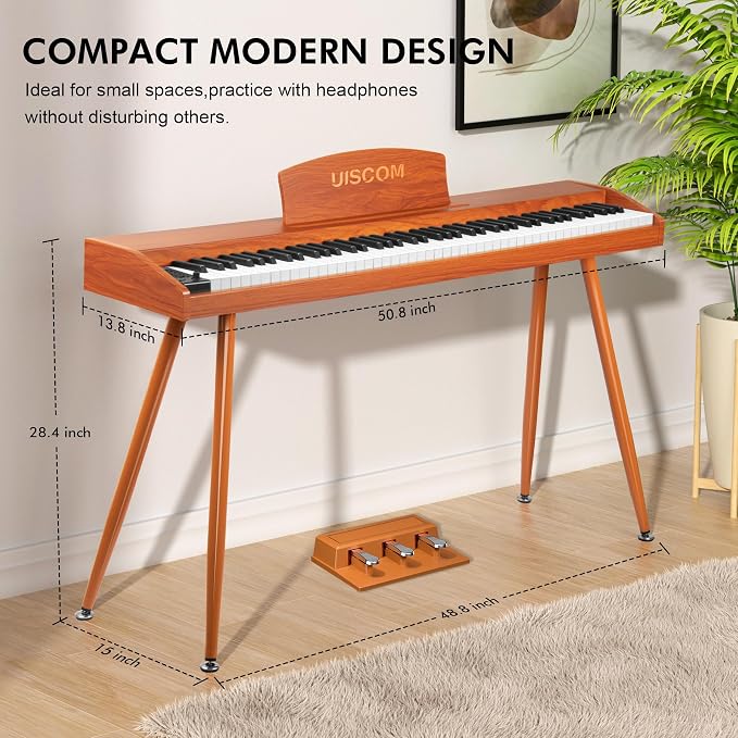 UISCOM Digital Piano Keyboard 88 Key Semi-Weighted for Beginners,Full Size Electric Piano with Stand,Triple Pedal,Adapter,Sheet Music Stand,Headphone,USB-MIDI Compatible,Wood Brown