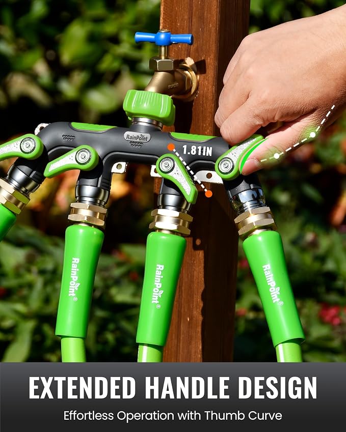 RAINPOINT Sprinkler Hose Timer with 4 Way Heavy Duty Metal Hose Splitter Programmable Watering Timer and 3/4 Inch GHT Spigot Splitter with Individual Shut Off Valves for Faucet and Drip Irrigation