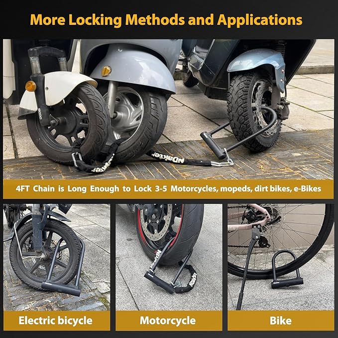 NDakter Bike Locks, 17mm Heavy Duty Anti Theft, Bike U Lock with 4FT Chain and Bracket, Electric Bicycle Lock for Scooter, 3 Keys Motorcycle Wheel Lock for Ebike, Moped, Tricycle