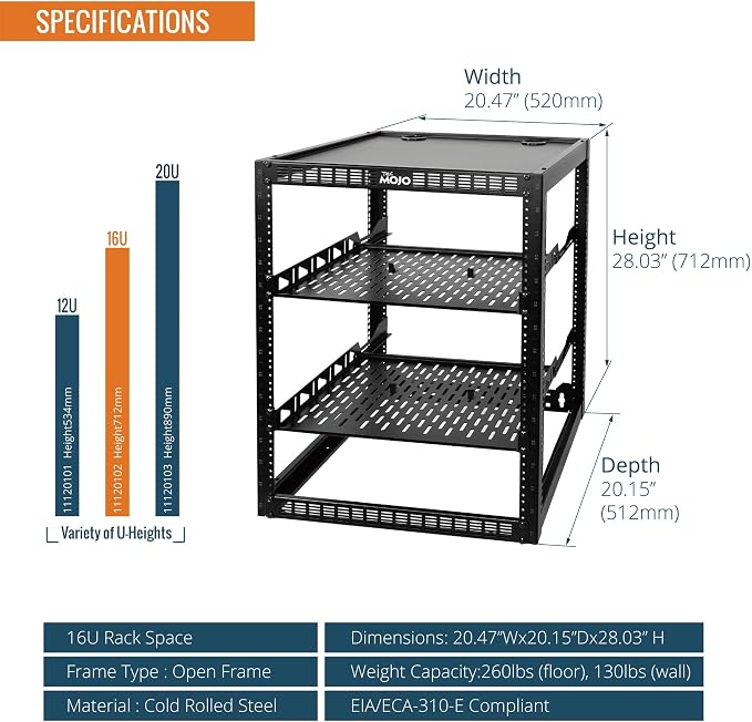 Tecmojo 16U Open Frame Network Rack for IT & AV Gear, AV Rack Floor Standing or Wall Mounted,with 2 PCS 1U Rack Shelves & Mounting Hardware,Network Rack for 19" Networking,Audio and Video Device