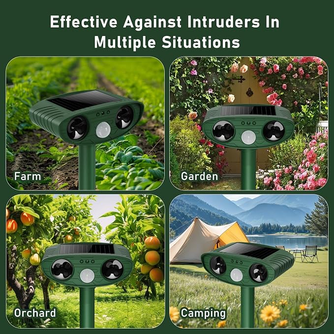 2026 Upgraded Ultrasonic Solar Animal Repellent Outdoor, Deer Repellent Devices Squirrel Cat Raccoon Rabbit Dog Deterrent with Motion Sensor for Yard Garden Lawn-2 Pack