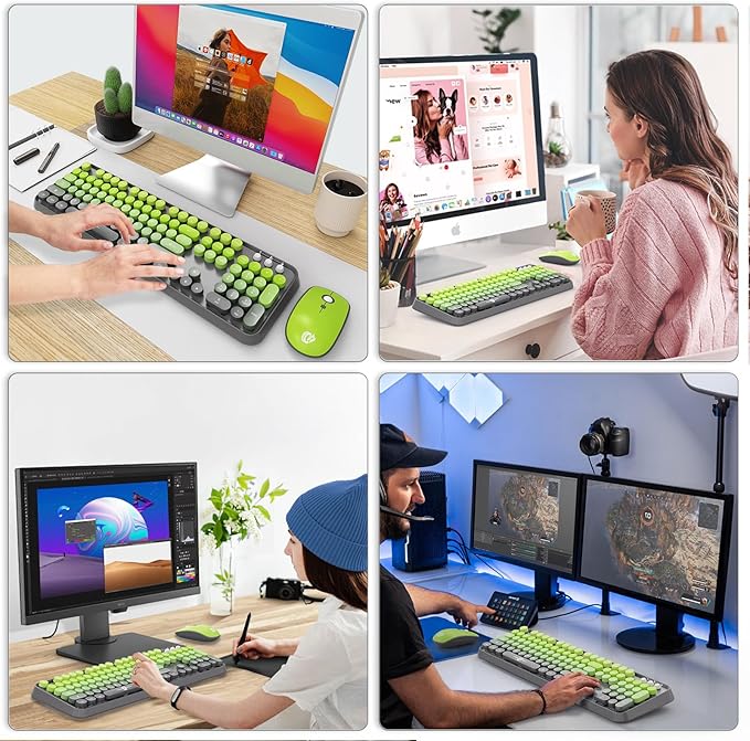Wireless Keyboard and Mouse Combo, 2.4G USB Cordless Round Keyboard and Mouse for Laptop Computer TV (102 Keys Matcha Green)