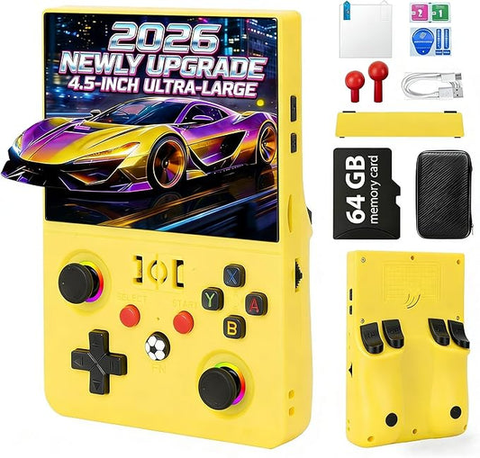 2026 NEW Upgrade R36MAX Ⅱ Retro Handheld Game Console - 4.5 Inch Ultra-Large Screen, Support 18000+Classic Games, 64G TF Card, Linux System, 4000mAh Battery, Birthday Gift for Adult - Yellow