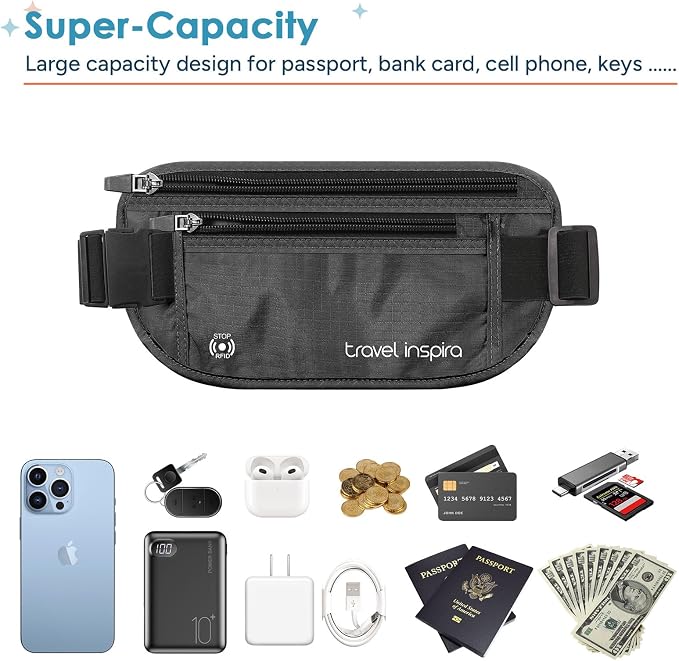 travel inspira RFID Blocking Travel Money Belt with Anti-Thief Zip - Slim Passport Holder and Digital Luggage Scale 110 Pounds, Battery Included