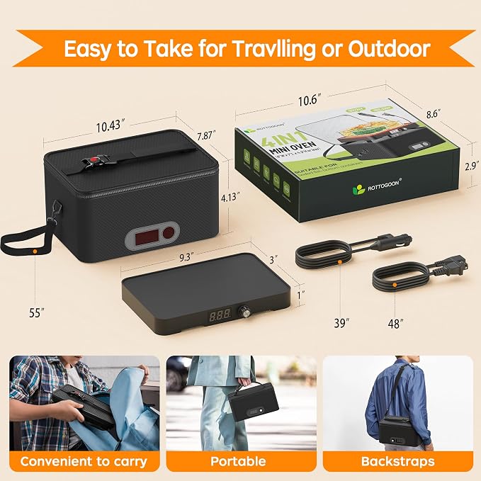 Portable Oven, 12V 24V 110V-240V Car Food Warmer Portable Personal Mini Oven Electric Heated Lunch Box for Meals Reheating & Raw Food Cooking for Road Trip/Camping/Picnic/Family Gathering(Black)