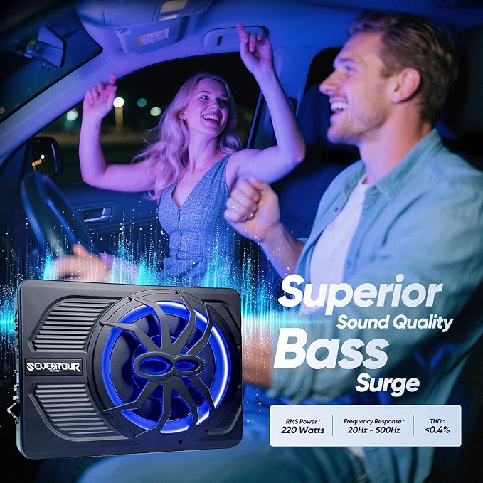 10" Upgrade 800W Slim Under Seat Powered Car Subwoofer, Car/Truck Audio Sub Built in Amplifier amp Combo Package, with Blue LED Light (Subwoofer+Installation Wire Kit)