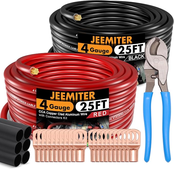 Jeemiter 4 Gauge Wire Copper Clad Aluminum CCA Kit (50ft Red/Black) with 10 Inch Cable Cutter,Lug Terminal Connectors & Heat Shrink Tube for Battery Power/Ground Cable,Car Audio Speaker,Amp,RV,Solar