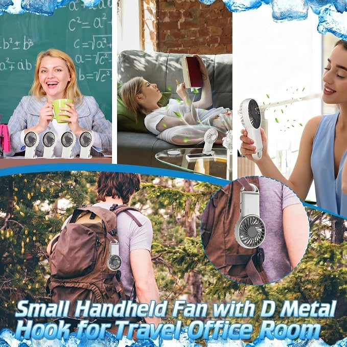VIHOSE 4 Pcs Portable Hanging Fan, 3 Speeds Personal Rechargeable Desk Hand Held Small Fan with D Metal Hook for Cooling Small Personal Hands Outdoor Travel (White)