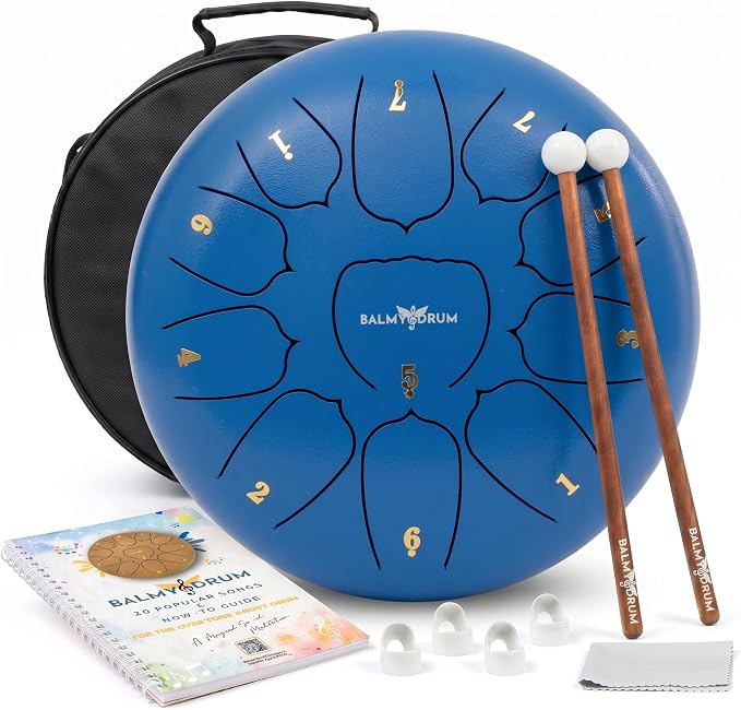Balmy Drum Steel Tongue Drum 10 inch 11 Notes 440Hz, Handpan Drum with Music Book, Mallets, Carry Bag, Finger Picks, Rain Drum for Outdoor, Meditation Yoga Calming Instruments for Adults Kids (Blue)