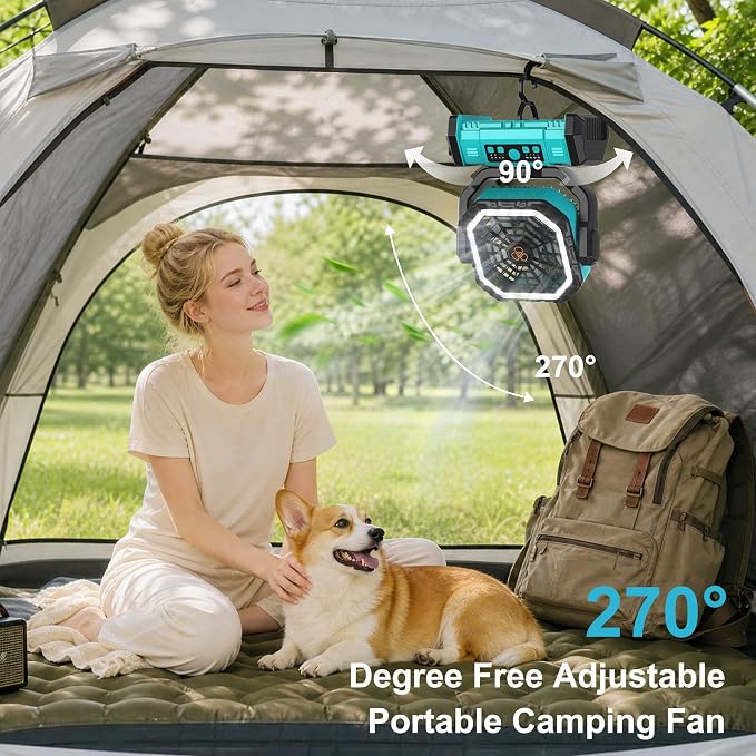 Honesorn Portable Rechargeable Fan 20000mAh, Camping Fan with LED Light & Remote, USB C Cordless Battery Powered, 4 Speeds Timer Hanging Hook for Travel Tent Outdoor Essentials - Blue