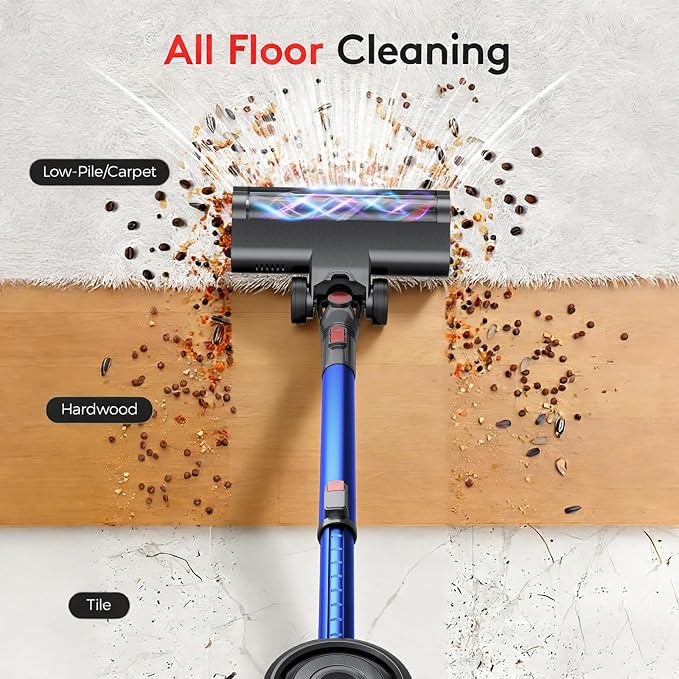 RONEAIR Cordless Vacuum Cleaner,40Kpa 45Min Vacuum Cleaners for Home,Self-Standing,Stick Vacuum with Wall Mount Storage,Anti-Tangle &,6 in 1 Lightweight Vacuum for Hard Floors Carpet Pet Hair - Blue
