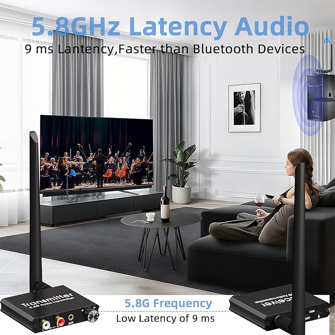 5.8GHz Wireless RCA Audio Transmitter Receiver for TV Pojector,164Ft,9ms Latency, Volume Contral Knob, Used for TV Pojector to Activer Speaker Soundbar AMP