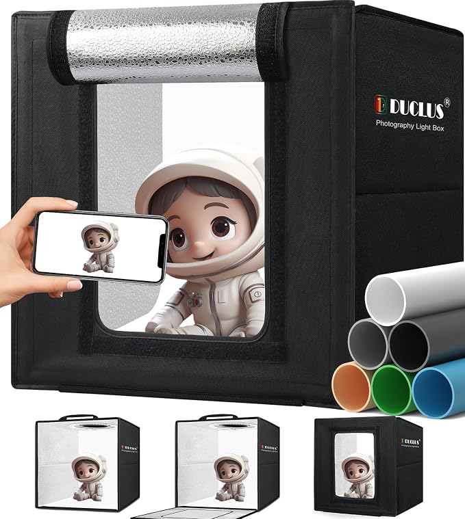 DUCLUS Light Box Photography, Portable Photo Studio Booth Box, 10" x 10" Professional Mini Shooting Tents with 104 LED Lights Dimmable, 6 Backdrops for Small Product: Jewelry, Miniature Models etc.