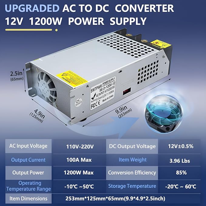 1200W Power Supply 110V AC to 12V DC Converter, 100A High Power SMPS Adapter, DC 12 Volt Switching Transformer with Intelligent Cooling for Motor, Winch, 3D Printer, Air Compressor, Pump