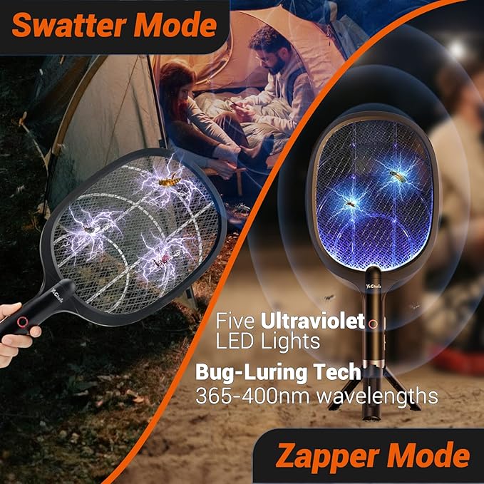 YsChois Electric Fly Swatter Racket, Rechargeable Fly Zapper - 4000 Volt, Exclusive 2-in-1 Bug Zapper Racket - USB Charging, 1800mAh Li-Battery, Indoor & Outdoor Use, Black, 2 Packs