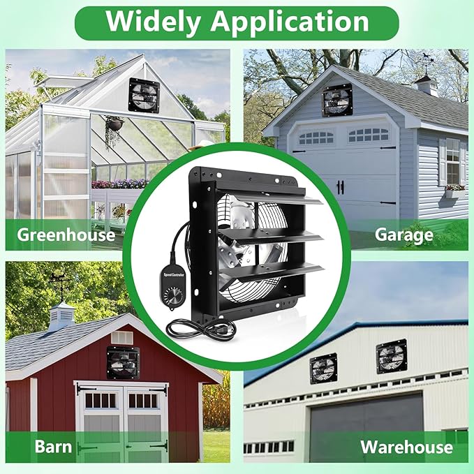 Shutter Exhaust Fan, 12 in Wall Mount Ventilation w/Speed Controller Attic Vent Fan for Chicken Coops, Greenhouse, Gable, Barn, Garage, Shed Ventilator 970 CFM 1700RPM