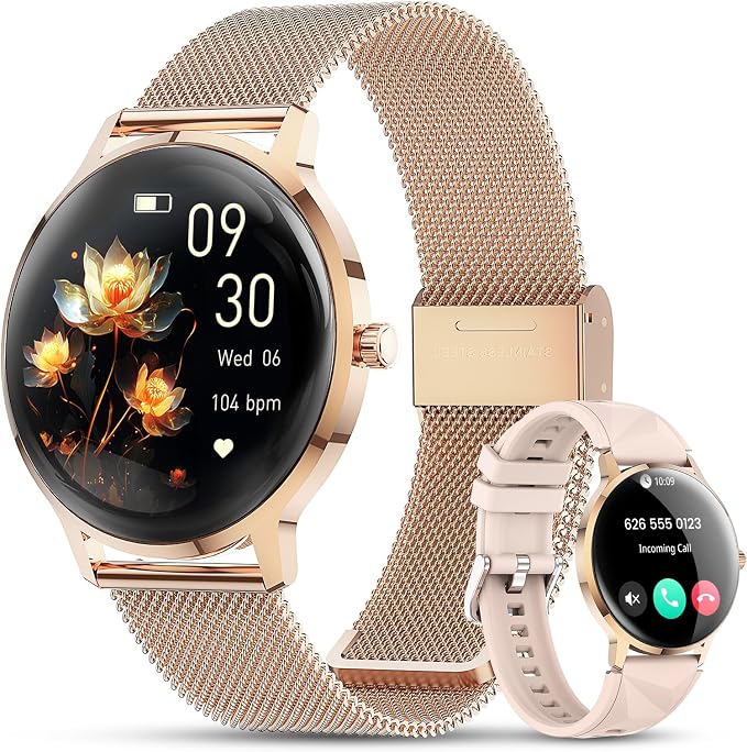 WalkerFit Smart Watches for Women, 1.32" AMOLED Curved Screen Fitness Tracker, Bluetooth Call for Android and iPhone, IP68 Waterproof Smartwatch, Wireless Charging, Heart Rate Tracker Rose Gold