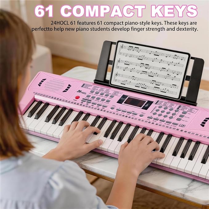 61 Key Electronic Keyboard, Kids Portable Music Keyboard with 100 Tones & Rhythms, Recording & Programming, Gift for Children Early Education Beginners, Pink