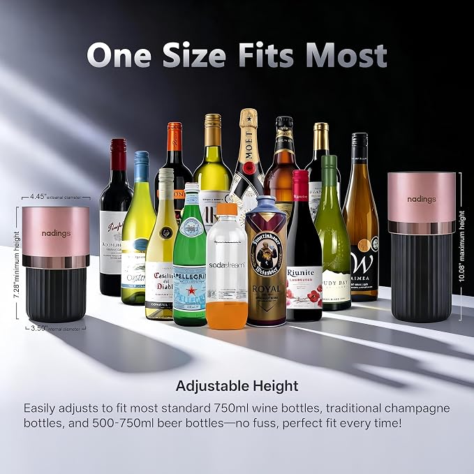 Iceless Wine Chiller, Keeps Cold 6+ Hours, Fits Most Wine Bottles | Vacuum Insulated, 18/8 Stainless Steel, Portable, Fits Most Standard 750ml Wine & Champagne Bottles, Rose Gold