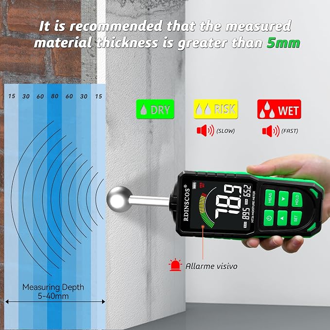 Pinless Moisture Meter for Drywall for Wood and Wall | Ball type Moisture Readers;5-40mm Depth; Custom Alarm Threshold