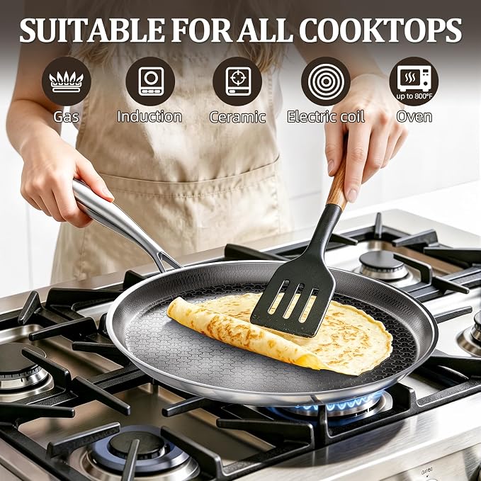 Stainless Steel Crepe Pan, 12 Inch Nonstick Griddle Pan, 5 Layer Non Stick Coating Pancake Pan, Frying Pan,Omelet Pan with All Stove Tops Available