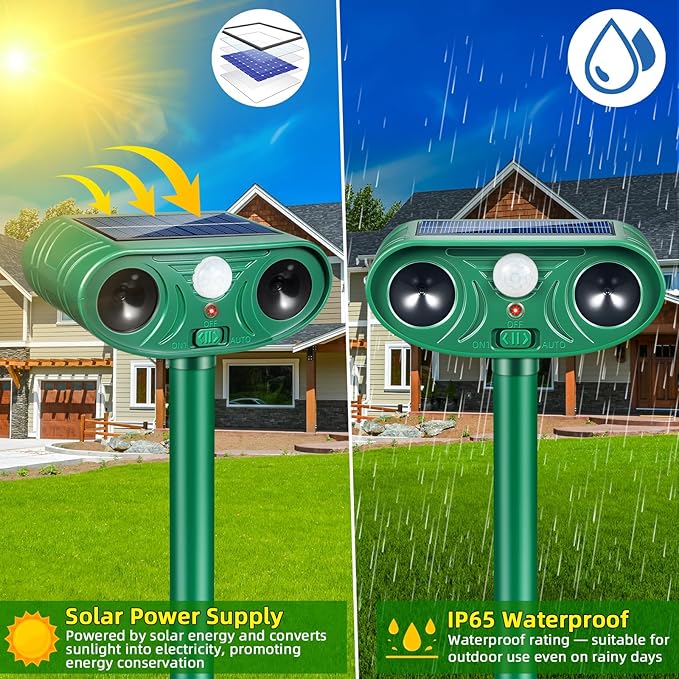 2026 Solar Animal Repellent Outdoor with Motion Deer Repellent Devices Ultrasonic Cat Deterrent Fox Raccoon Rabbit Squirrel Coyote Deterrent Waterproof for Yard & Garden 2Pack