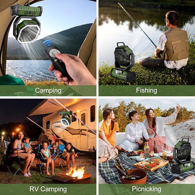 Odoland 30000mAh Camping Fan with LED Lantern, Rechargeable Battery Operated Oscillating Fan with Remote & Hook, Portable Tent Fan with Timer, 4 Speeds for Outdoor Camp RV Jobsite Power Outage, Green