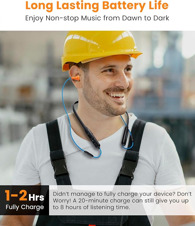 Noise Reduction Wireless Neckband Headphones with Replaceable Earbuds (Extra Set Included) - Qualcomm aptX HD, 27dB NRR, CVC Noise Cancelling Mic & 20H Playtime for Work Safety OSHA Compliant