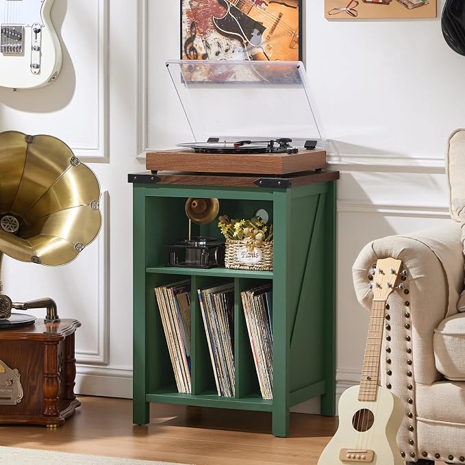 Joaxswe Record Player Stand with Vinyl Record Storage,Green Record Player Table Holds up to 160 Albums,Large Wood Turntable Stand Cabinet Dispaly Shelf for Living Room,Bedroom,Office
